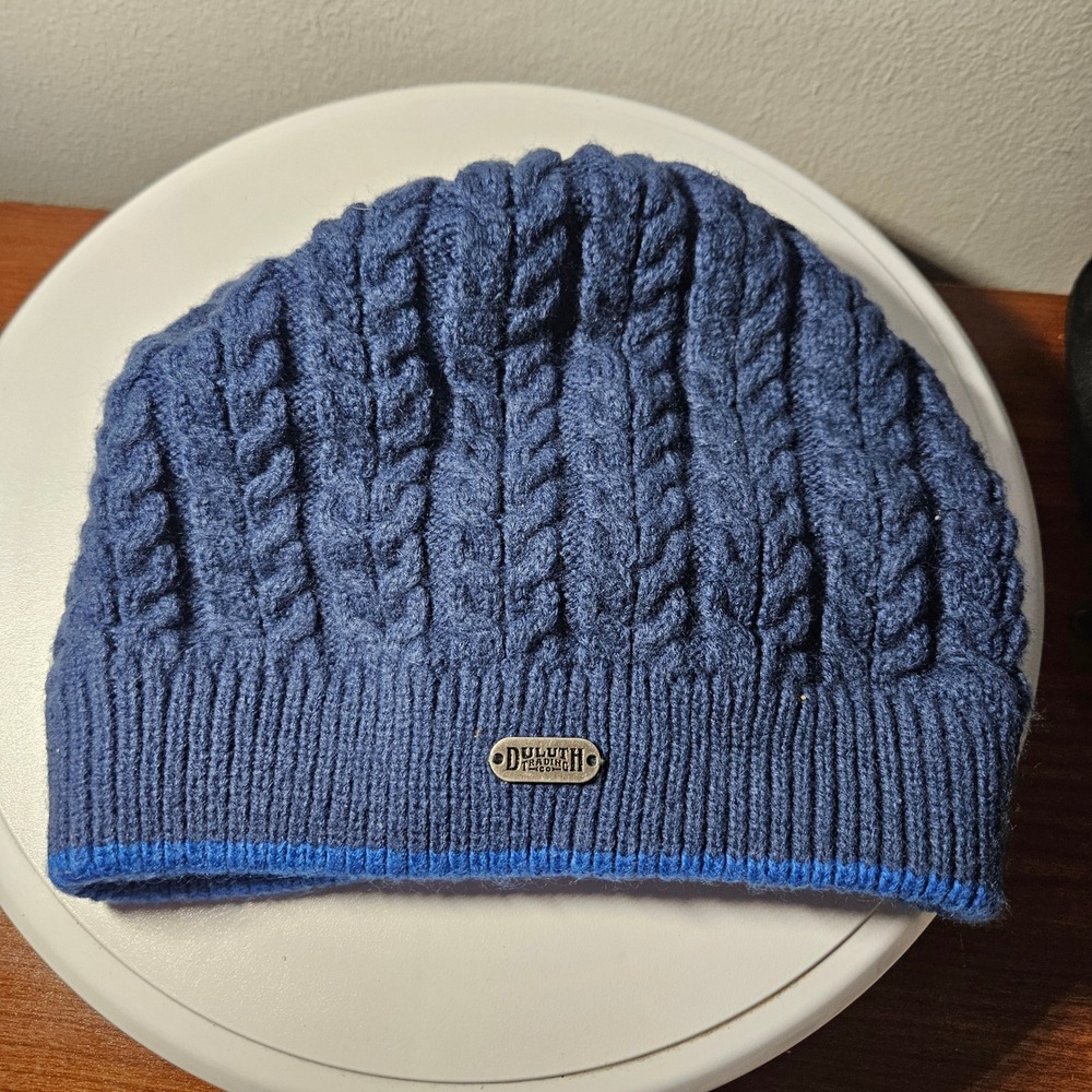 Duluth Trading Co Beanie Mens OS Navy Blue Cable Knit Fleece Lined Rugged Hat